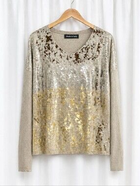Made in Italy Metallic Splatter Foil Silver Gold Ombre Lightweight Knit Sweater